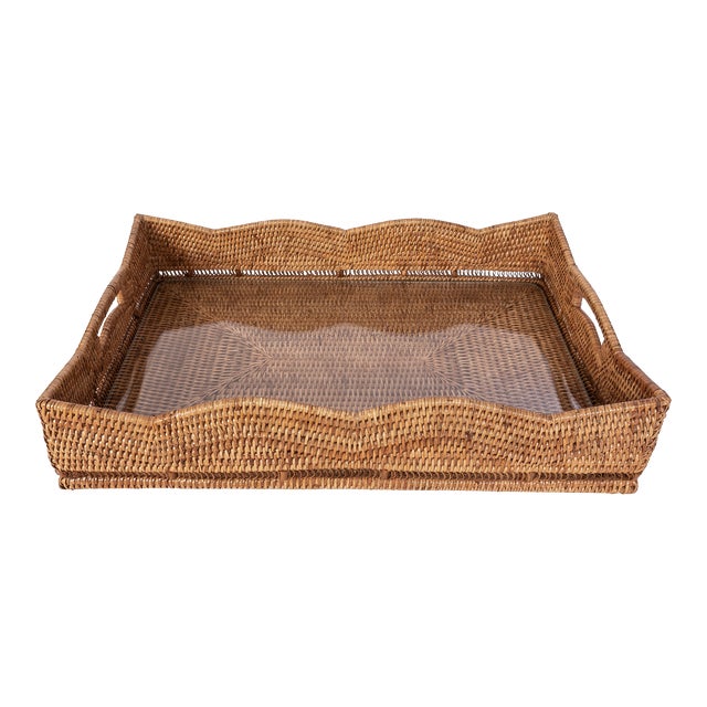 Artifacts Rattan Scallop Rectangular Tray with Glass Insert in Brown For Sale