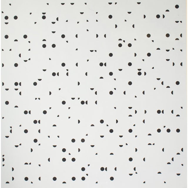 A 1968 serigraph print by American artist Thomas Strong. Titled CHQ-2R, the work depicts scattered black circles and semi...