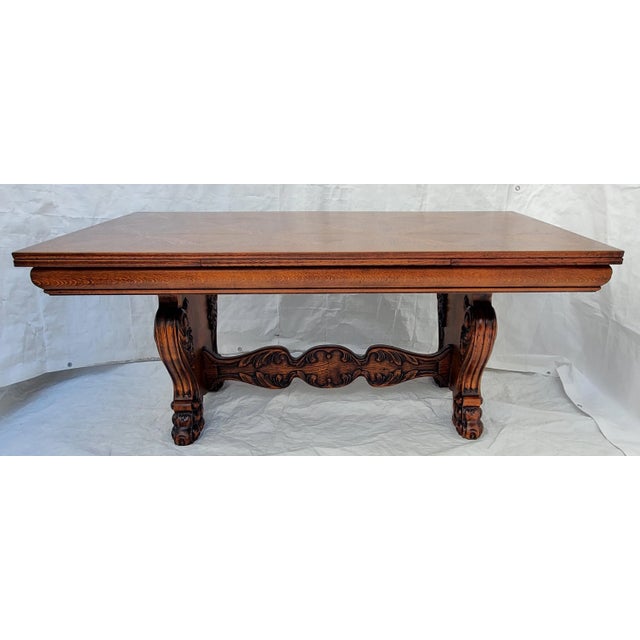 1920s 1920s Antique Chippendale Ornately Carved Oak Draw Leaf Table & 6 Dining Chairs Set For Sale - Image 5 of 13