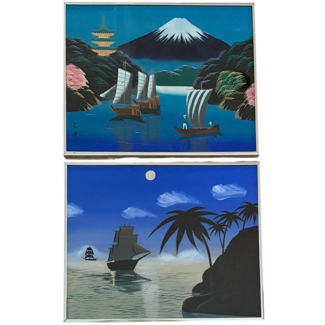 Striking vintage pair of Japanese scenic paintings depicting dramatic waterside landscapes with Mount Fuji, pagodas,...