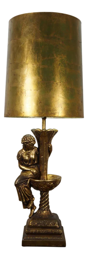 Mid 20th Century Gold Hollywood Regency Figural Girl Fountain Chalkware Lamp 46"