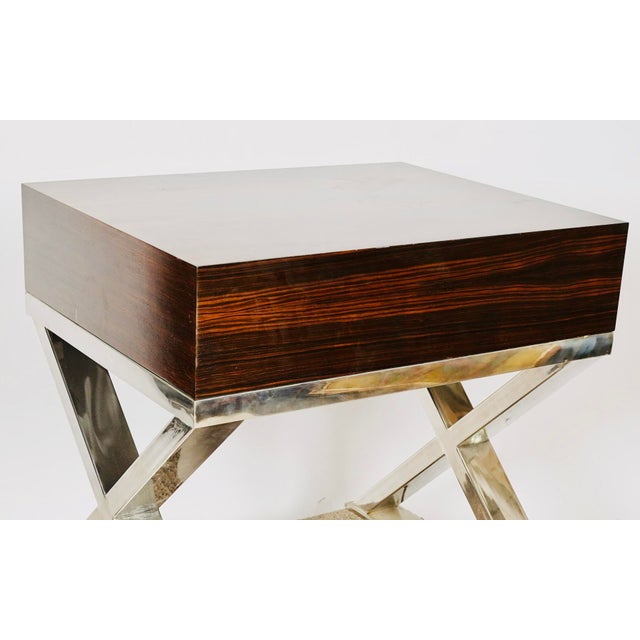 Contemporary Late 20th Century Phyllis Morris Style Macassar Ebony & Polished Metal X-Base Side Table For Sale - Image 3 of 11