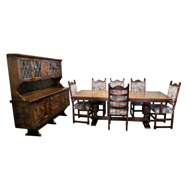 Brown Arts and Crafts Oak Dining Room Suite with Table, Chairs and Dresser from Webber, 1960, Set of 8 For Sale - Image 8 of 8