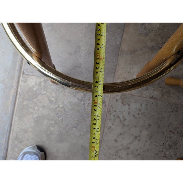 1980s Four (4) 30" Solid Oak Stools Brass Footrest For Sale - Image 4 of 5