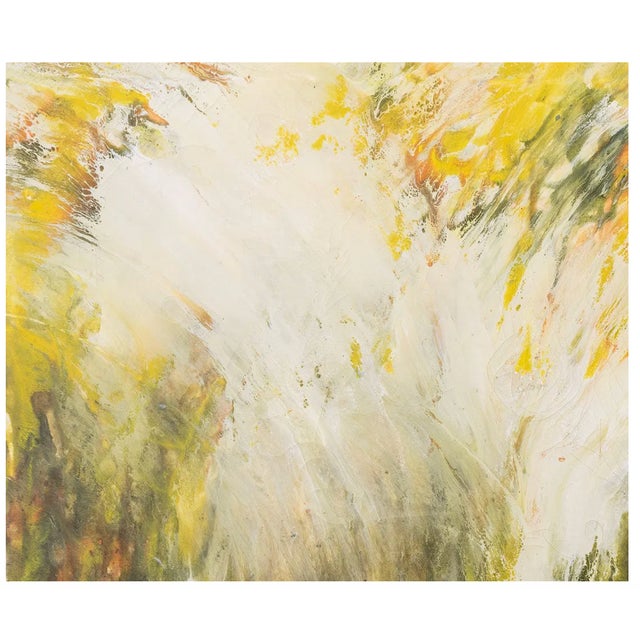 Beautiful American school abstract composition, oil on canvas in yellows, greens, and whites, apparently unsigned,...