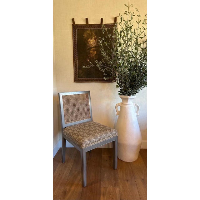 French-Country Dining Chairs in Peter Fasono Linen Upholstery and Stained Caning For Sale - Image 10 of 13