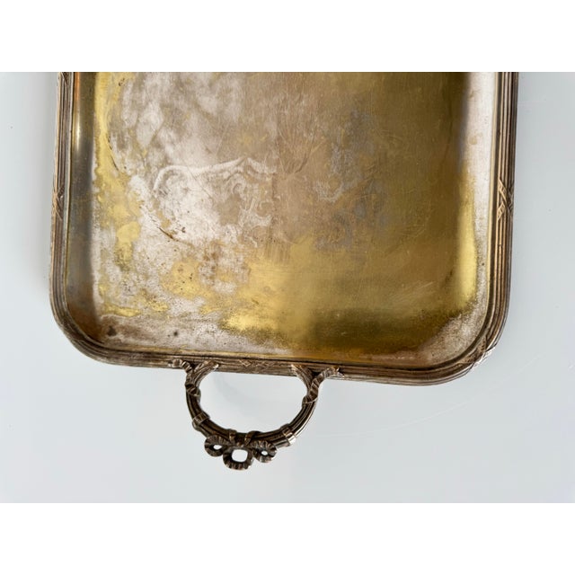 Metal 1970's Vintage Silver-Plated Serving Tray With Ornate Handles For Sale - Image 7 of 9