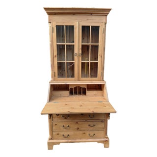 Vintage Country Pine Secretary Desk With Glass-Front Bookcase For Sale