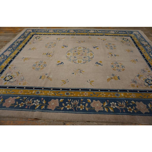 1920s Ivory Traditional Medallion Antique Chinese Peking Carpet 9' X 12' Woven Wool Rug For Sale - Image 9 of 11