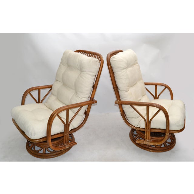 Calif-asia Vintage Bamboo & Wicker High Back Lounge Chair Beige Linen Upholstery - Pair For Sale - Image 4 of 13