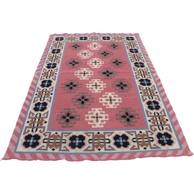 Tribal Vintage Romanian Geometric Kilim Rug - 04'00 X 05'11 For Sale - Image 3 of 9