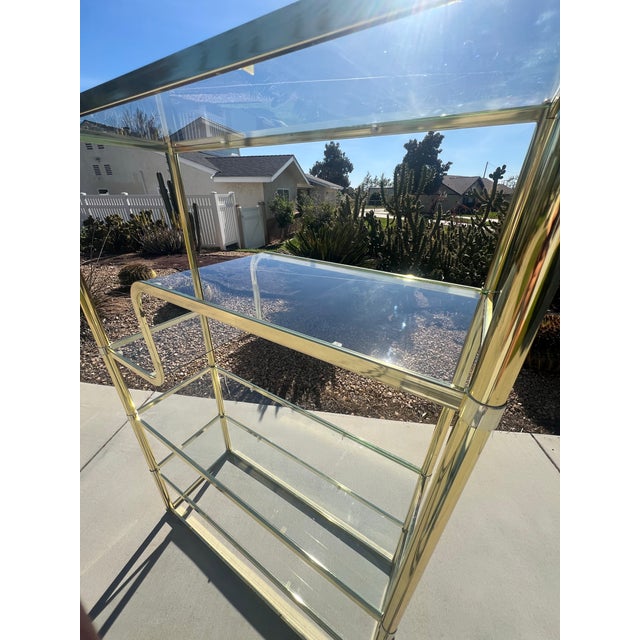 Vintage Mid Century Modern Postmodern Brass Gold Etagere 5 Shelf Bookcase Wall Unit Display Case For Sale - Image 4 of 12