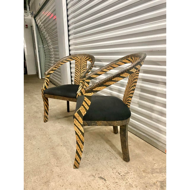 Hollywood Regency 80s Sculptural Armchairs With Zebra Patterned Wood Frames and Black Suede Upholstery a Pair . For Sale - Image 3 of 12