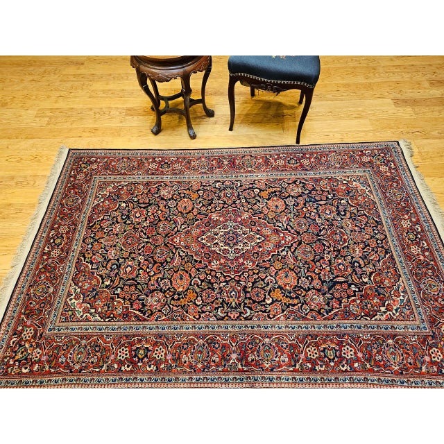 Vintage Persian Kashan Area Rug, Hand-Knotted Wool, Floral Pattern, Red & Navy, 5x7 For Sale In Chicago - Image 6 of 17