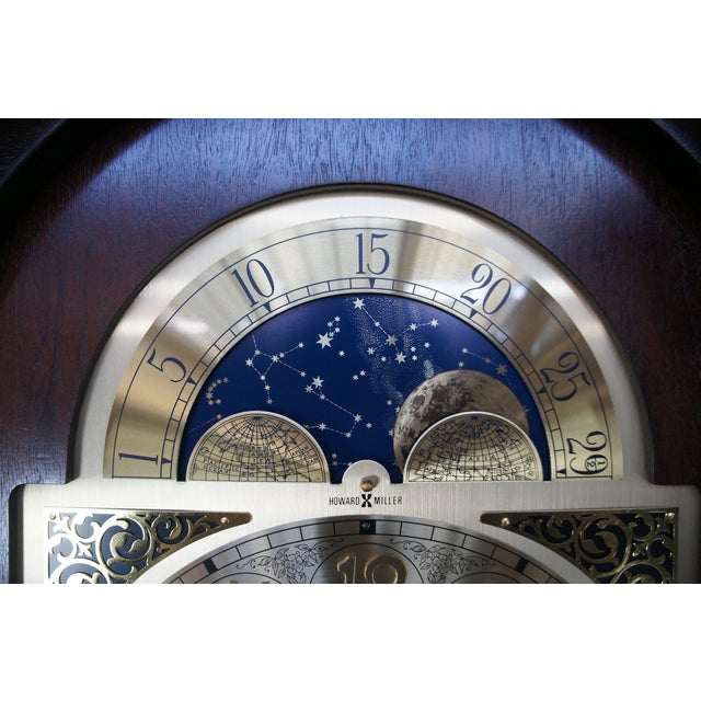 Vintage Howard Miller Georgian Style Flame Mahogany Moon Dial Grandfather Clock For Sale - Image 9 of 16