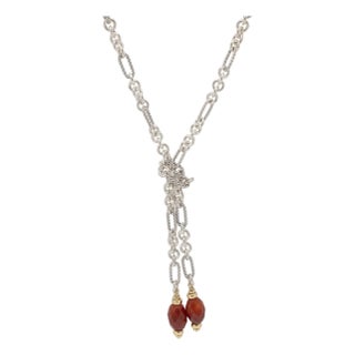 David Yurman Sterling Silver 18k Gold Carnelian Cable Link Lariat Chain Necklace For Sale