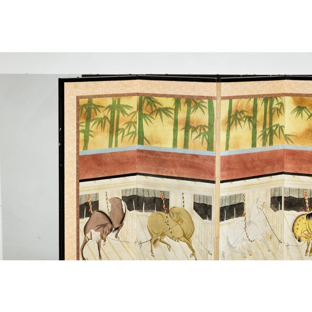 Japanese Inspired Six-Panel Screen with Horses in Stable with Bamboo Backdrop For Sale - Image 4 of 18