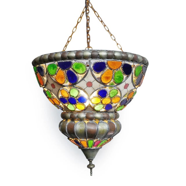 Antique hand crafted Moroccan nickel and copper work pendant chandelier light with colorful glass flower design in blue,...