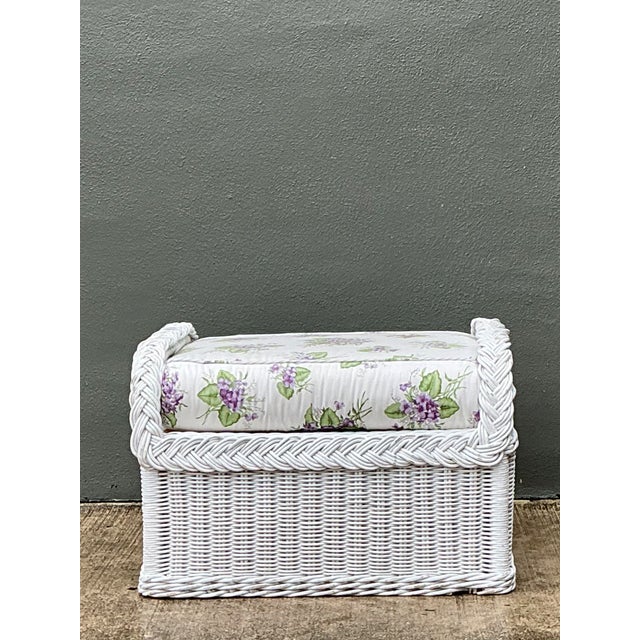 This vintage braided white rattan ottoman captures the relaxed elegance of Mid-Century Modern design, pairing a tightly...