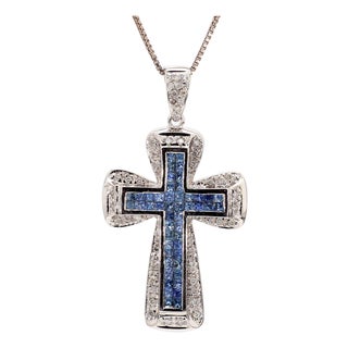 1.2 Carat Sapphire and Diamond Pave Cluster Cross Pendant White Gold Necklace For Sale