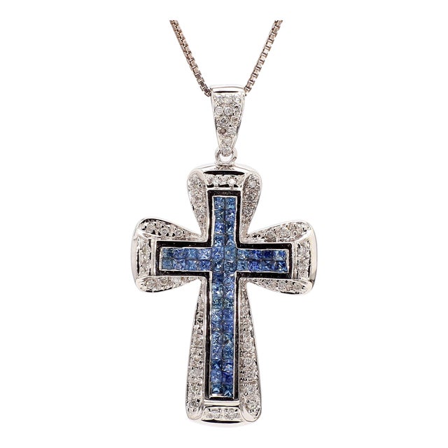 1.2 Carat Sapphire and Diamond Pave Cluster Cross Pendant White Gold Necklace For Sale