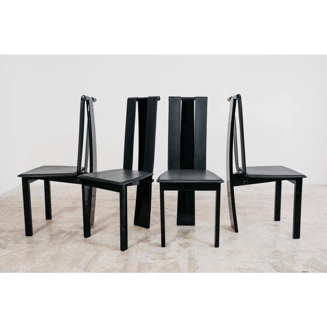 Black Postmodern Dining Chairs in Lacquered Wood and Black Faux Leather, 1980s, Set of 4 For Sale - Image 8 of 16