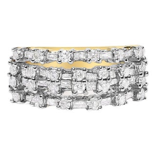 14K Yellow Gold 1.0 Cttw Round and Baguette Diamond Multi-Row Band Ring, Size 7 For Sale