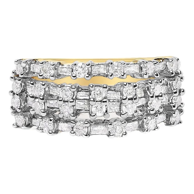14K Yellow Gold 1.0 Cttw Round and Baguette Diamond Multi-Row Band Ring, Size 7 For Sale