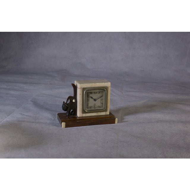 Art Deco Macassar Ebony and Marble Alarm Clock with Small Ebony Cat from Bayart, 1930s For Sale - Image 6 of 10
