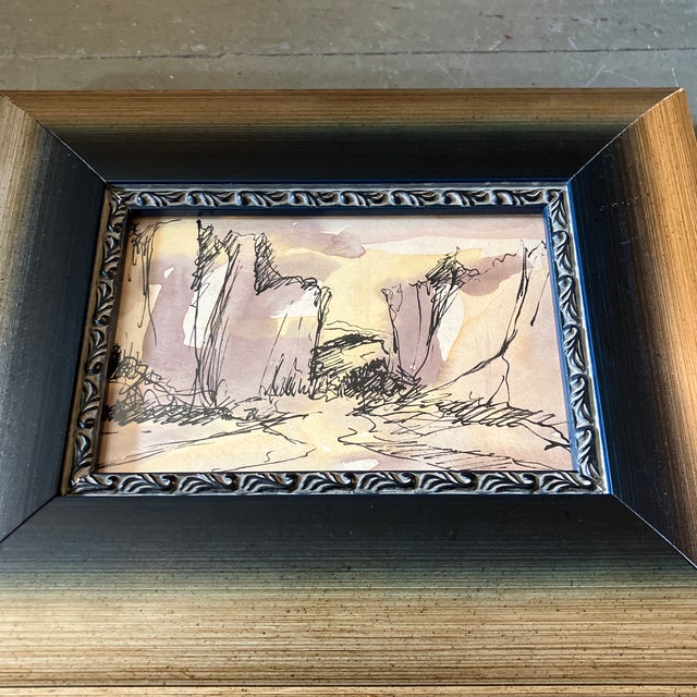 Mid-Century Modern 1960’s 2 Original Abstract Southwest Landscape Pen & Ink Drawing/Watercolor Painting Framed-Set of 2 For Sale - Image 3 of 4
