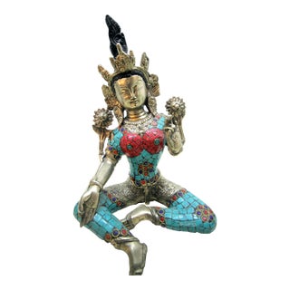 Mid-Century Tibetan-Style Inlaid Brass Green Tara Statue – 11" H For Sale