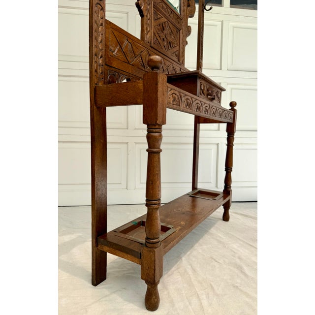 Mid 20th C. Hand-Carved Halltree Entry Organizer With Mirror and Hooks For Sale - Image 11 of 12