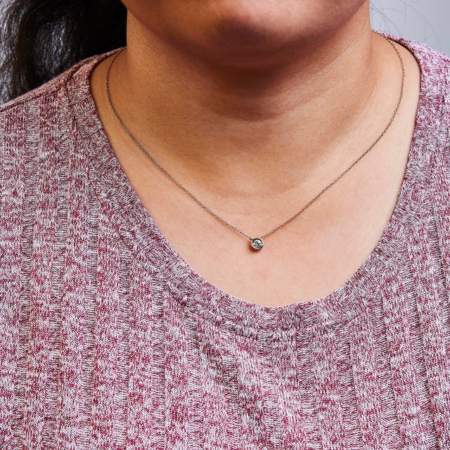 Early 21st Century 10K Rose Gold 1/3 Carat Round Brilliant-Cut Diamond Modern Bezel-Set Solitaire 16"-18" Pendant Necklace For Sale - Image 5 of 6