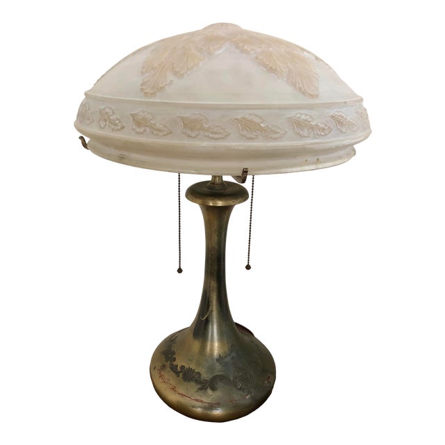 Pairpoint Glassworks / Pairpoint Mfg Co. 2-Light Bronze Lamp With Embossed Glass Dome Shade, 1910, C3020 For Sale