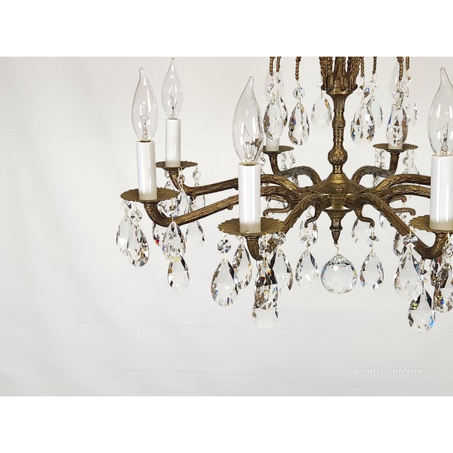 Antique 8 Arm Dark Patina Opulent Brass Cut Lead Glass Crystal Chandelier For Sale - Image 12 of 15
