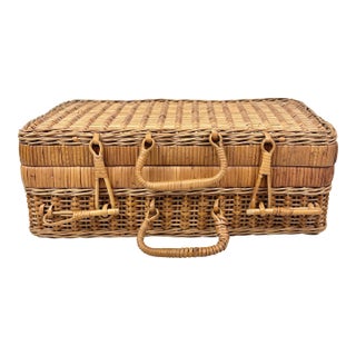 Vintage MCM Rattan Bamboo Suitcase Style Picnic Basket For Sale