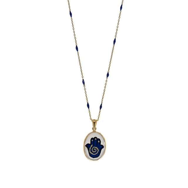 Hamsa Hand Good Fortune Blue Pendant Gold Chain Necklace For Sale In Miami - Image 6 of 7