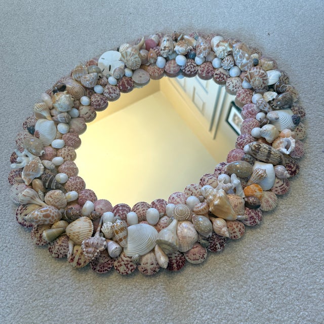 Pink Vintage Handmade Shell Encrusted Oval Wall Mirror For Sale - Image 8 of 8