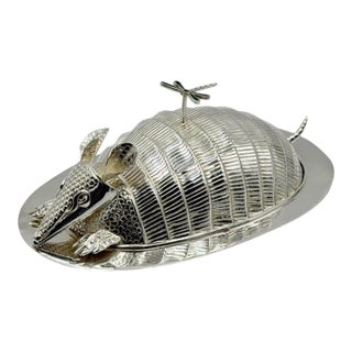 Emilia Castillo Silver Plate Armadillo Butter Dish With Malachite, Taxco Mexico For Sale