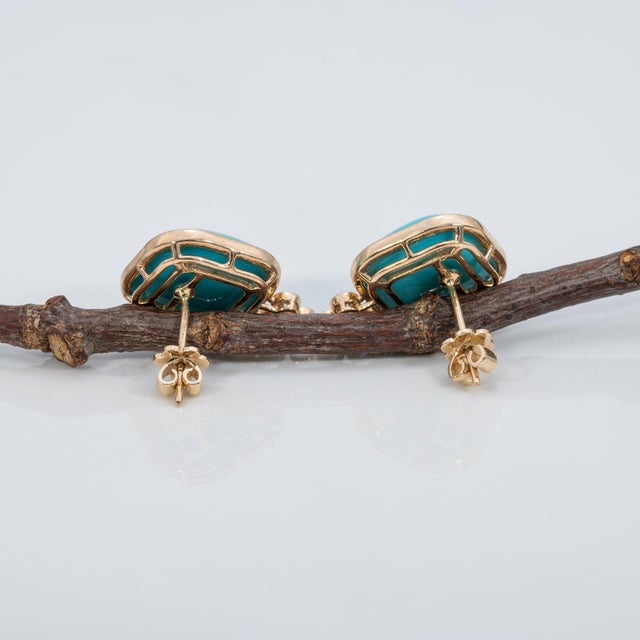 2020s 14Ct Sleeping Beauty Turquoise Stud Earrings With Natural Diamonds: 14k Gold, Pair For Sale - Image 5 of 6