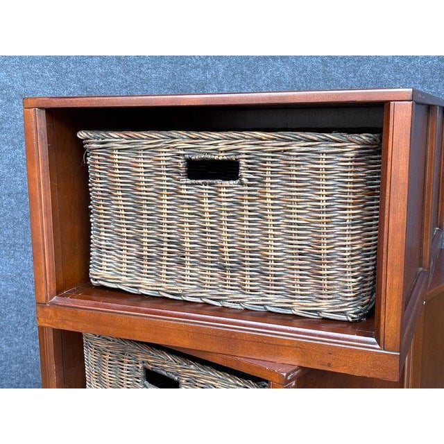 This is a rare set of three heavy-duty, stackable storage components, crafted from solid wood with a rich, dark finish....