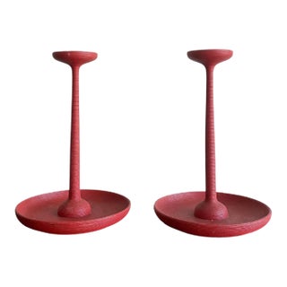 Japanese Red Lacquer Ribbed Candle Holder Pair, Meji Period C. 1900 For Sale