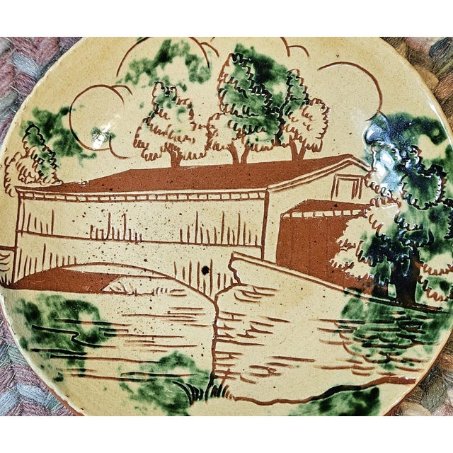 1980s Vintage Lester Berringer, Redware Plate of a Covered Bridge in the "Sgraffito" Style For Sale - Image 5 of 12