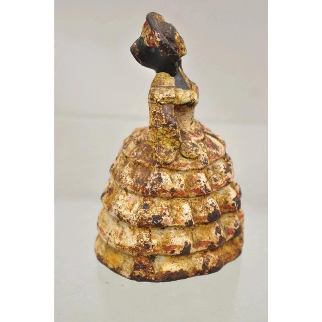 Antique Victorian Cast Iron Figural Painted Small Hoop Skirt Girl Door Stop For Sale - Image 4 of 9