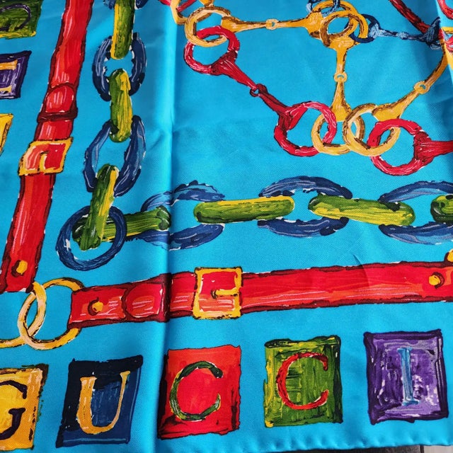 1990s Gucci Italian Blue Silk Scarf Equestrian Horse Bit For Sale In San Diego - Image 6 of 8