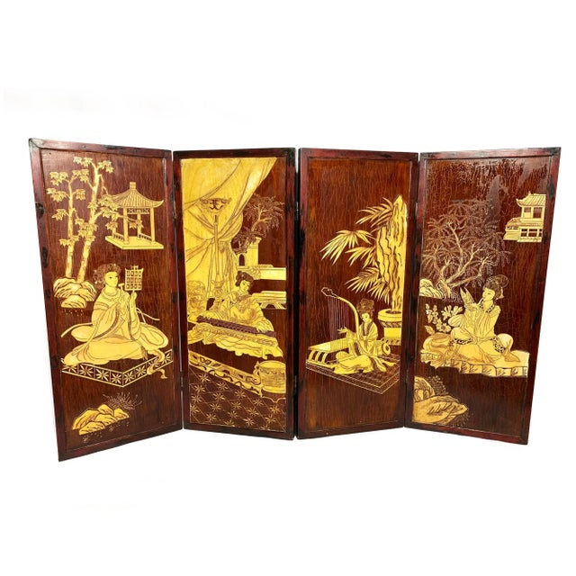 Early 20th Century Antique Handmade Chinoiserie Wooden 4-Panel Folding Coromandel Screen For Sale - Image 11 of 11