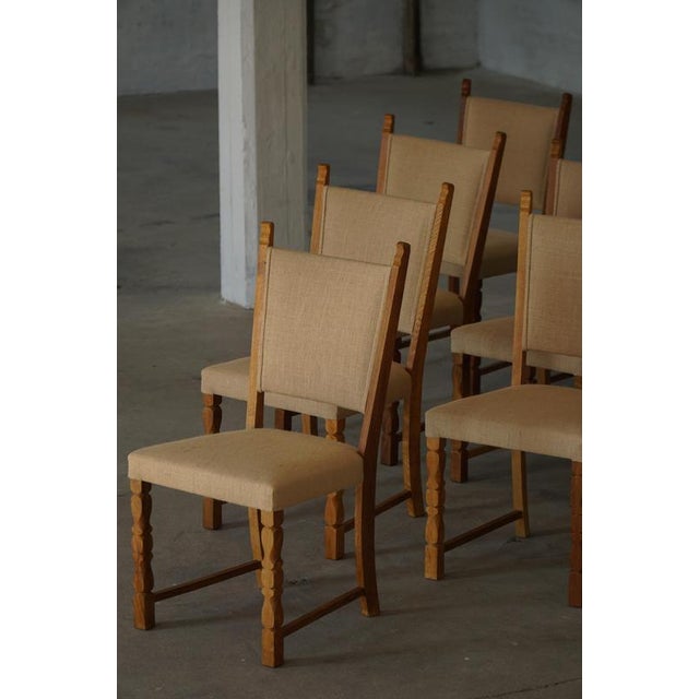 Danish Modern Dining Chairs in Oak and Hessian by Henning Kjærnulf, 1950s, Set of 10 For Sale - Image 3 of 18