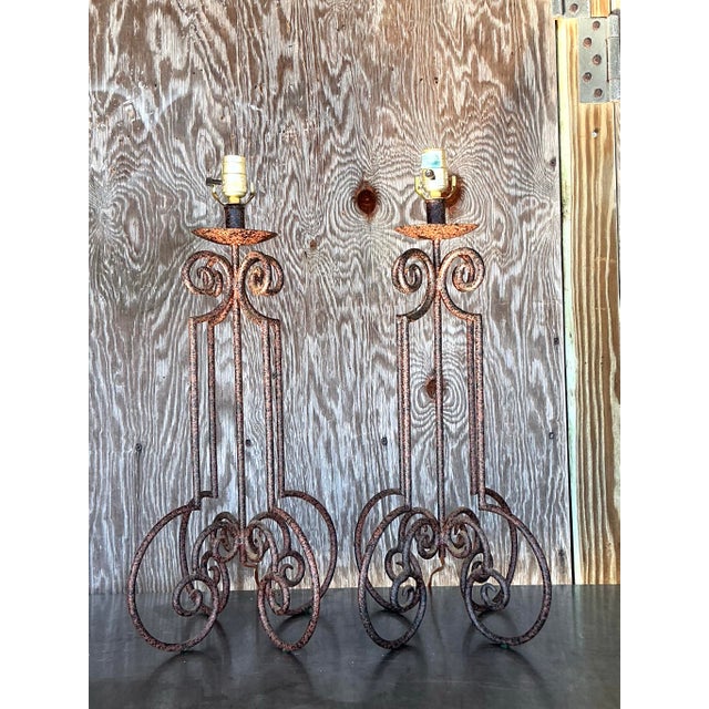 Vintage Boho Scroll Metal Column Lamps - a Pair For Sale - Image 4 of 9