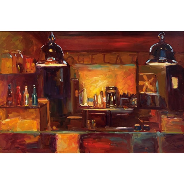 Charleston Gelateria by Pam Ingalls | Oil Painting of a gelato shop interior with colorful lights For Sale