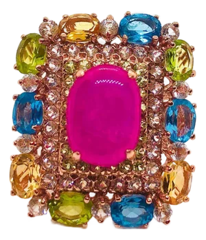 Bochic “Capri” Vintage Diamond, Ruby, Peridot & Citrine Ring - 18K Gold & Silver